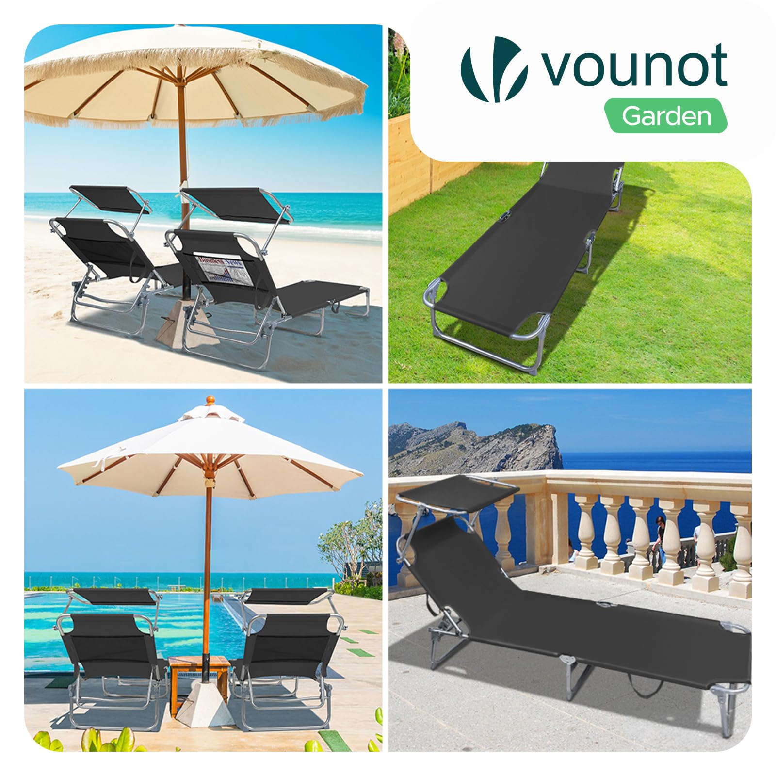 VOUNOT® Set di 2 Sdraio da Giardino Pieghevole, Lettino Prendisole con Tettuccio Parasole e Schienale Regolabile, Sdraia da Balcone per Spiaggia, Terrazzo e Esterno Piscina, Nero
