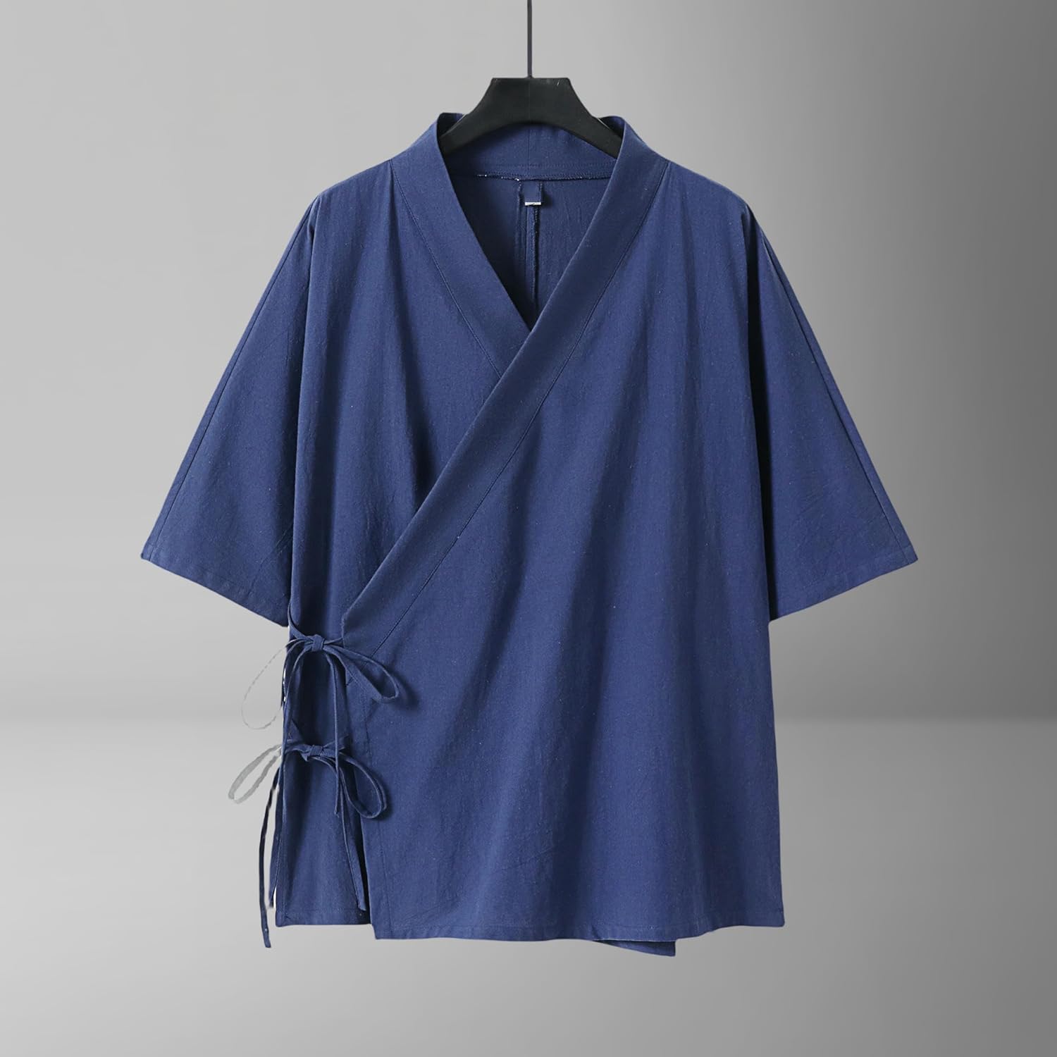 Men's Chinese Style Cotton Linen Three Quarter Sleeve Oblique Placket Costume Traditional Stand Collar Loose Fit