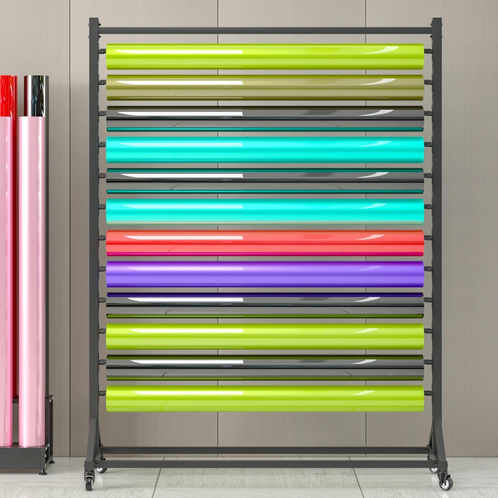 Carrito de almacenamiento para optimizar espacio con 12 rollos de vinilo y papel pintado