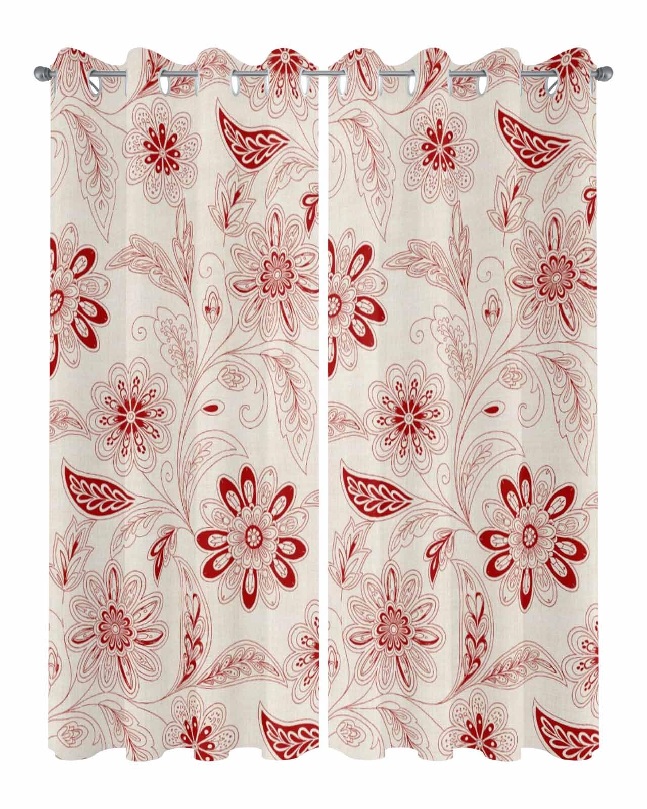 Waterproof Outdoor Curtains for Patio Porch, Retro Farmhouse Floral Texture Grommet Curtain Panel Windproof Outside Curtains Tieback, Abstract Ethnic Flower Weighted Window Treatment Drapes