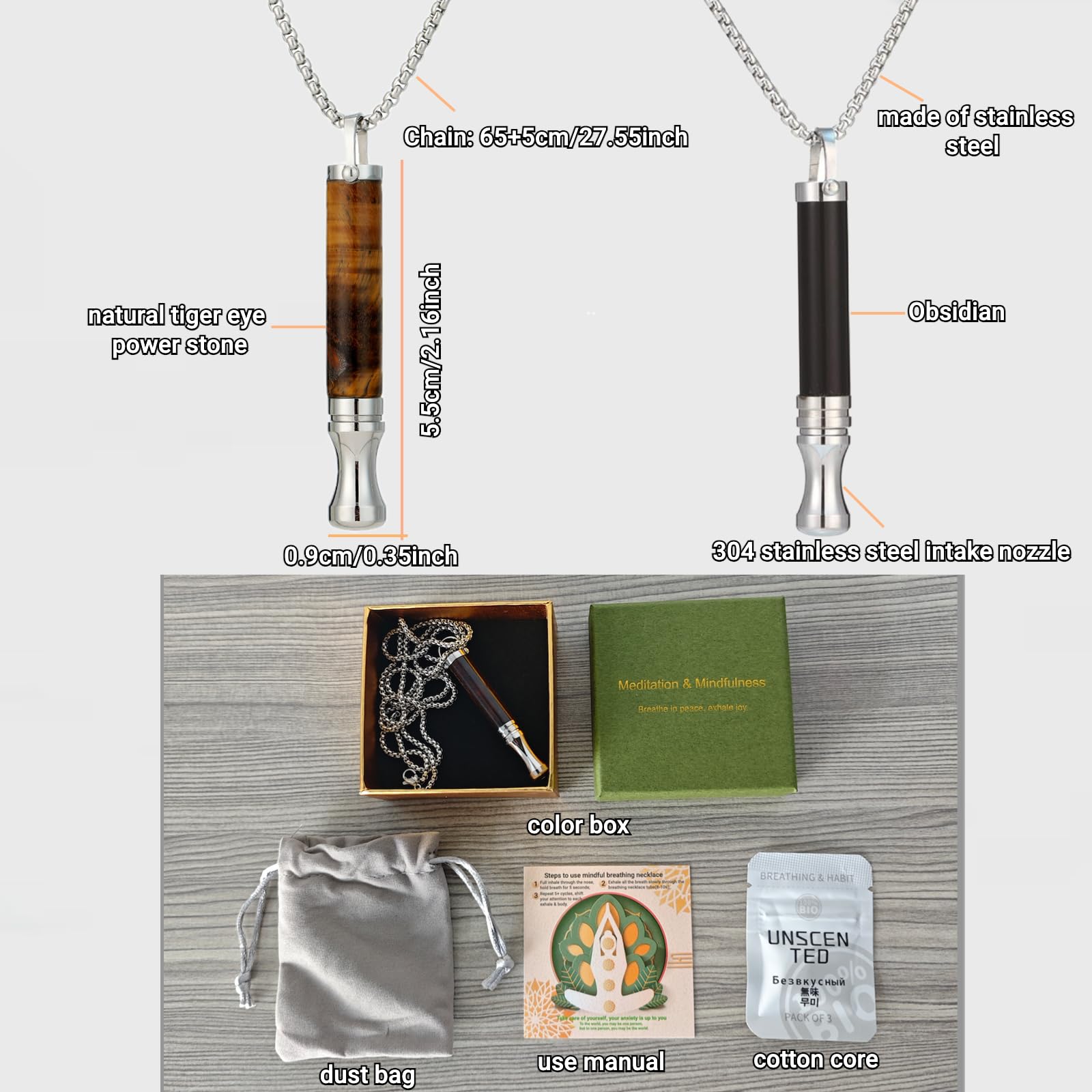 Collar de Respiración con Piedra de Ojo de Tigre y Aromaterapia Cadena de Acero Inoxidable de 70cm Herramienta de Meditación Atención Plena para Calmar,Ayudar a Dormir y Aliviar la Ansiedad el Estrés