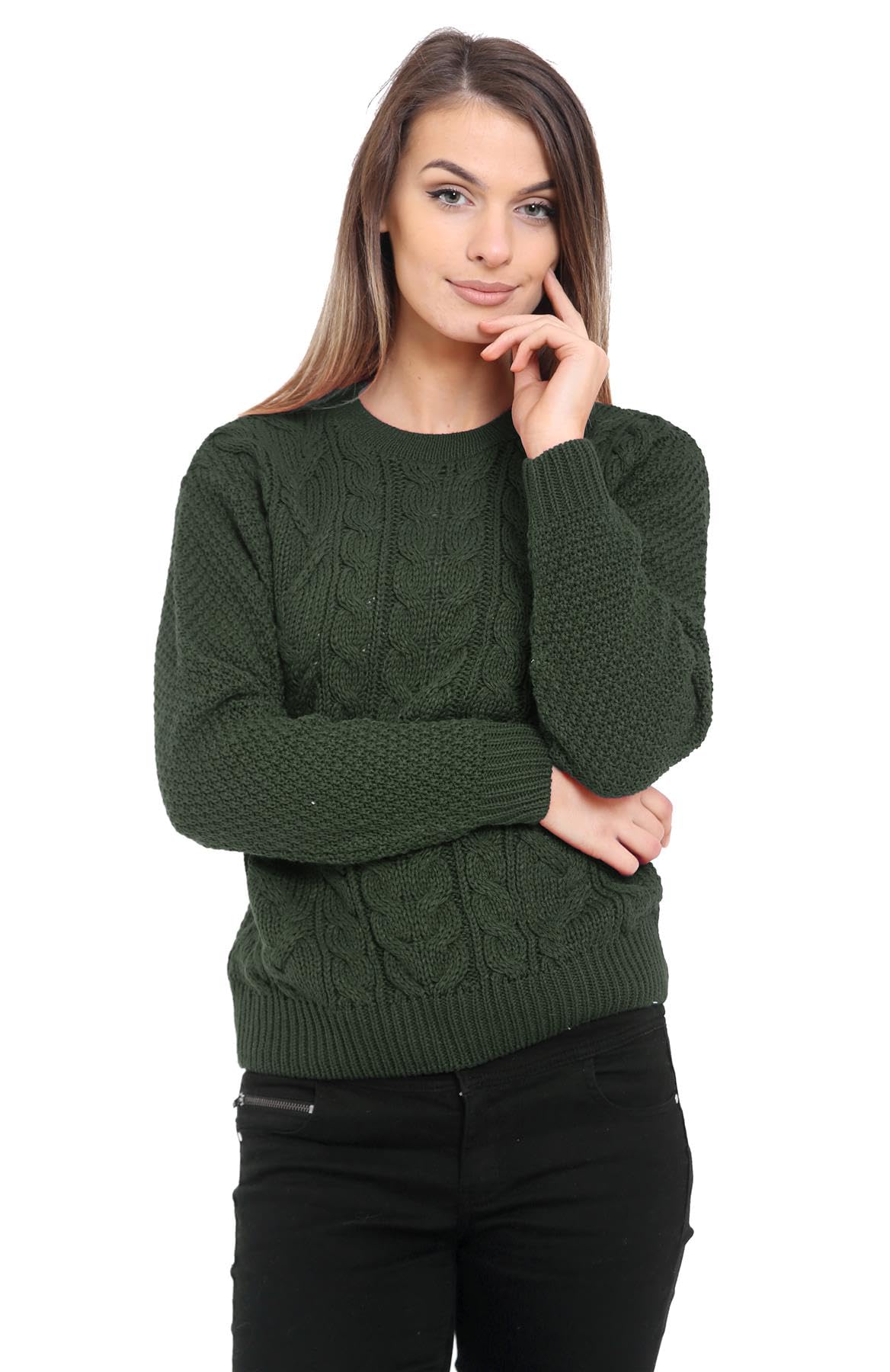 Generation Fashion Women's Olive New Knitted Long Sleeve Chunky Cable Knit Sweater Knitwear Jumper Top Pullover Crew Neck [,Lxl]
