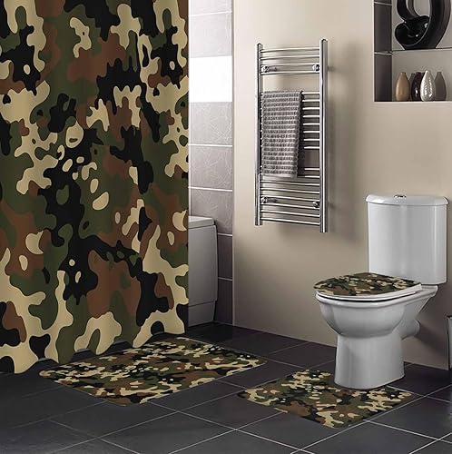 Miniatura 2 de Juego de 4 cortinas de ducha de camuflaje con alfombra antideslizante, cubierta para tapa de inodoro, tapete de baño y 12 ganchos, juego de cortina