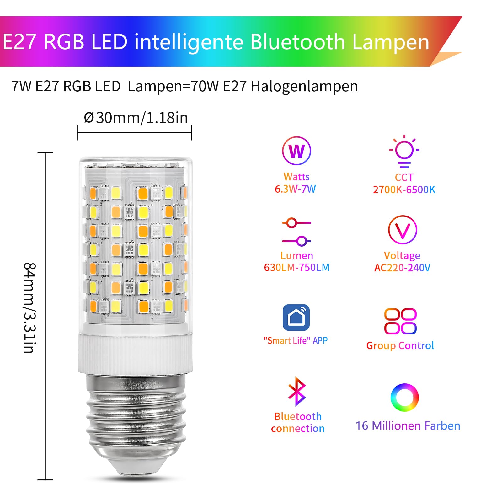 I-SHUNFA E27 RGB LED intelligente Bluetooth Lampen 7W 750LM, AC 230V | Helligkeit & Farbtemperatur einstellbar, 16 Millionen DIY-Farben, mehrfarbige Beleuchtung dimmbar (3 Pack With Fernbedienung)