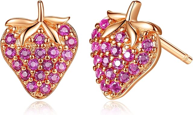 Rose Gold Plated Strawberry Stud Earrings Hypoallergenic Stud Earring for Women Girls Jewellery Gift
