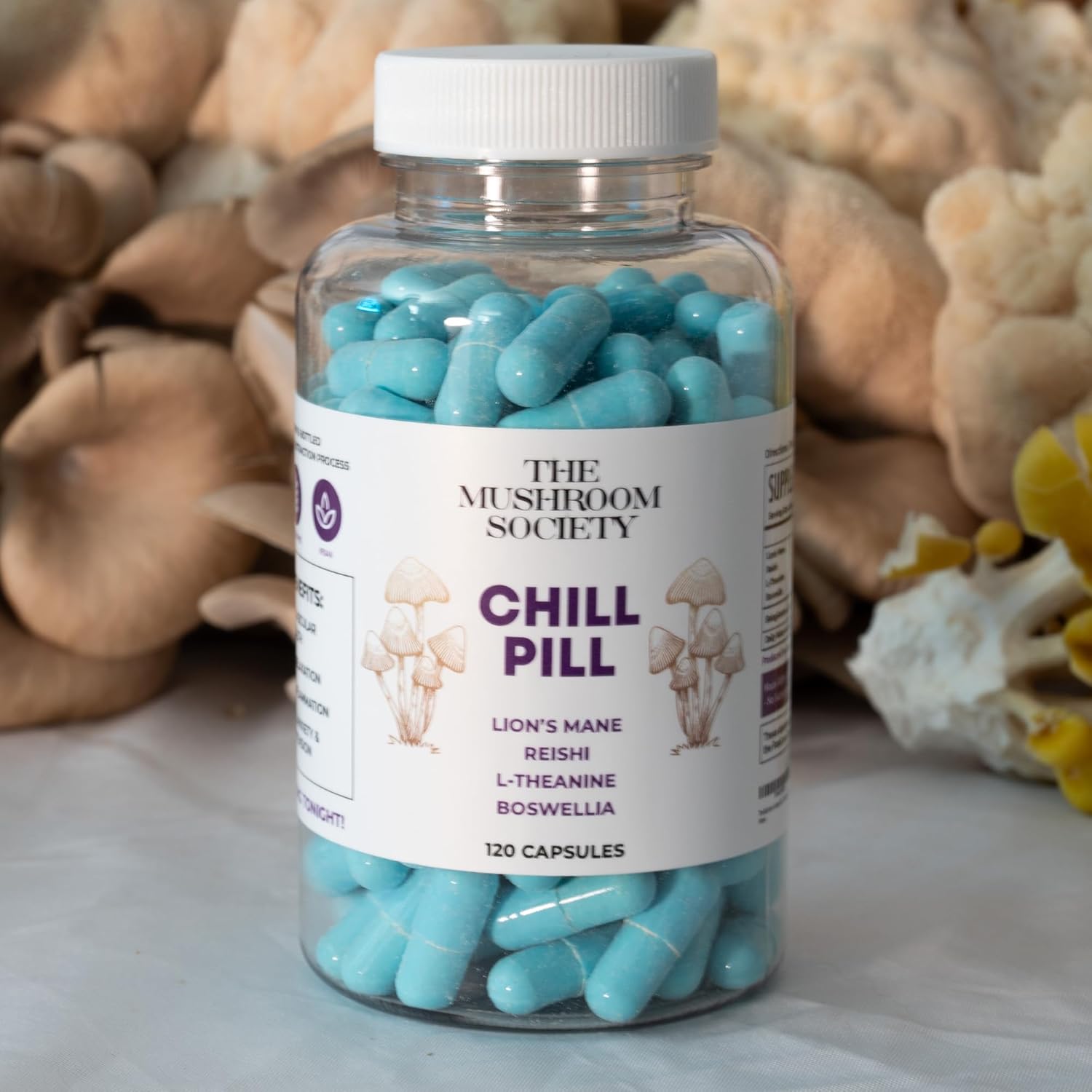 Chill Pill - Lion’s Mane, Reishi, L-Theanine & Boswellia Extract Blend - Mushrooms Supplement for Relax, Recover & Recharge - 120 Vegan Capsules