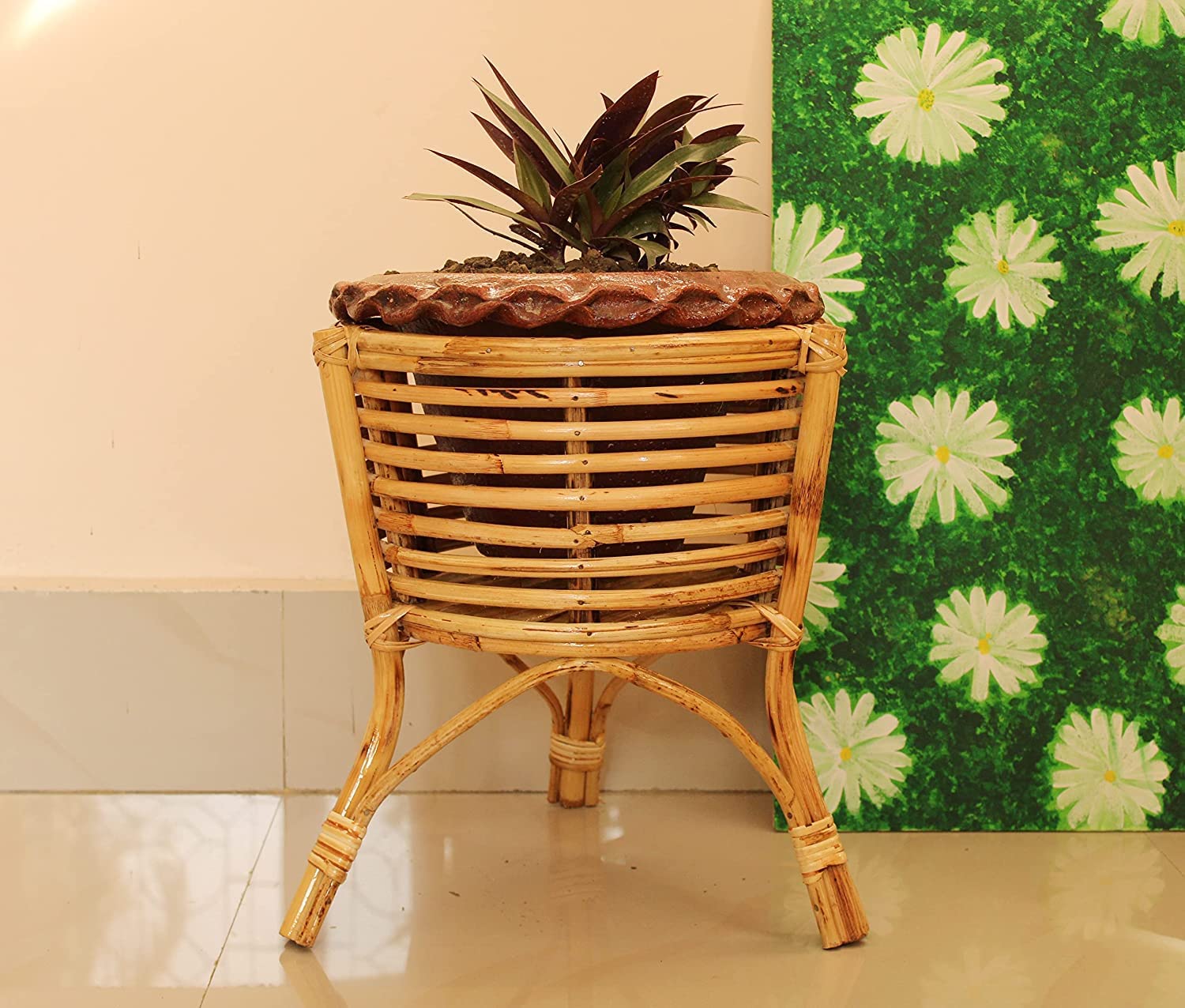 EVRA Cane Rattan Flower Pot Stand, Indoor Plants ,Balcony, Livingroom, Garden Planter Plant Container Set