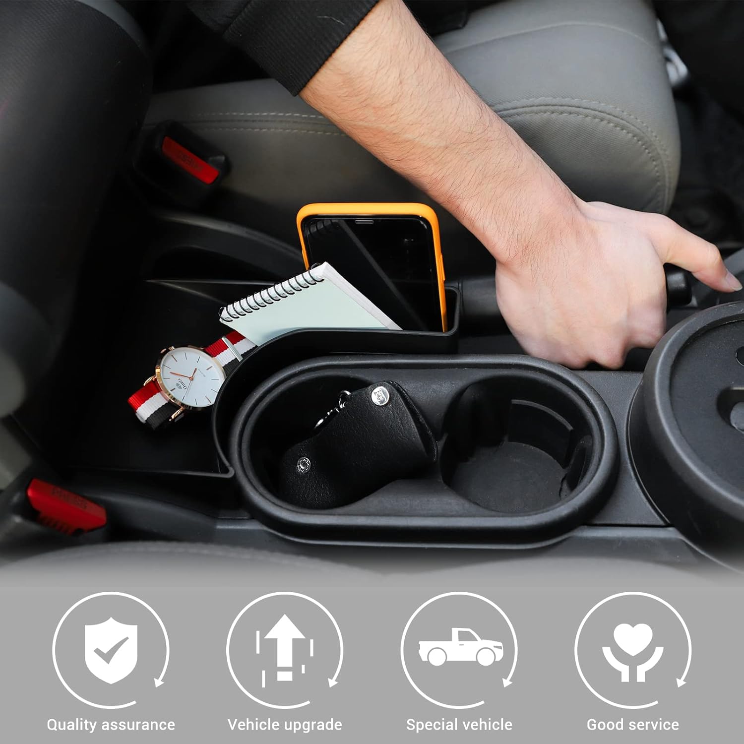 Jimen Compatible with Jeep Wrangler JK JKU 2007-2010, Car Center Console Hand Brake Storage Box Armrest Organizer Tray