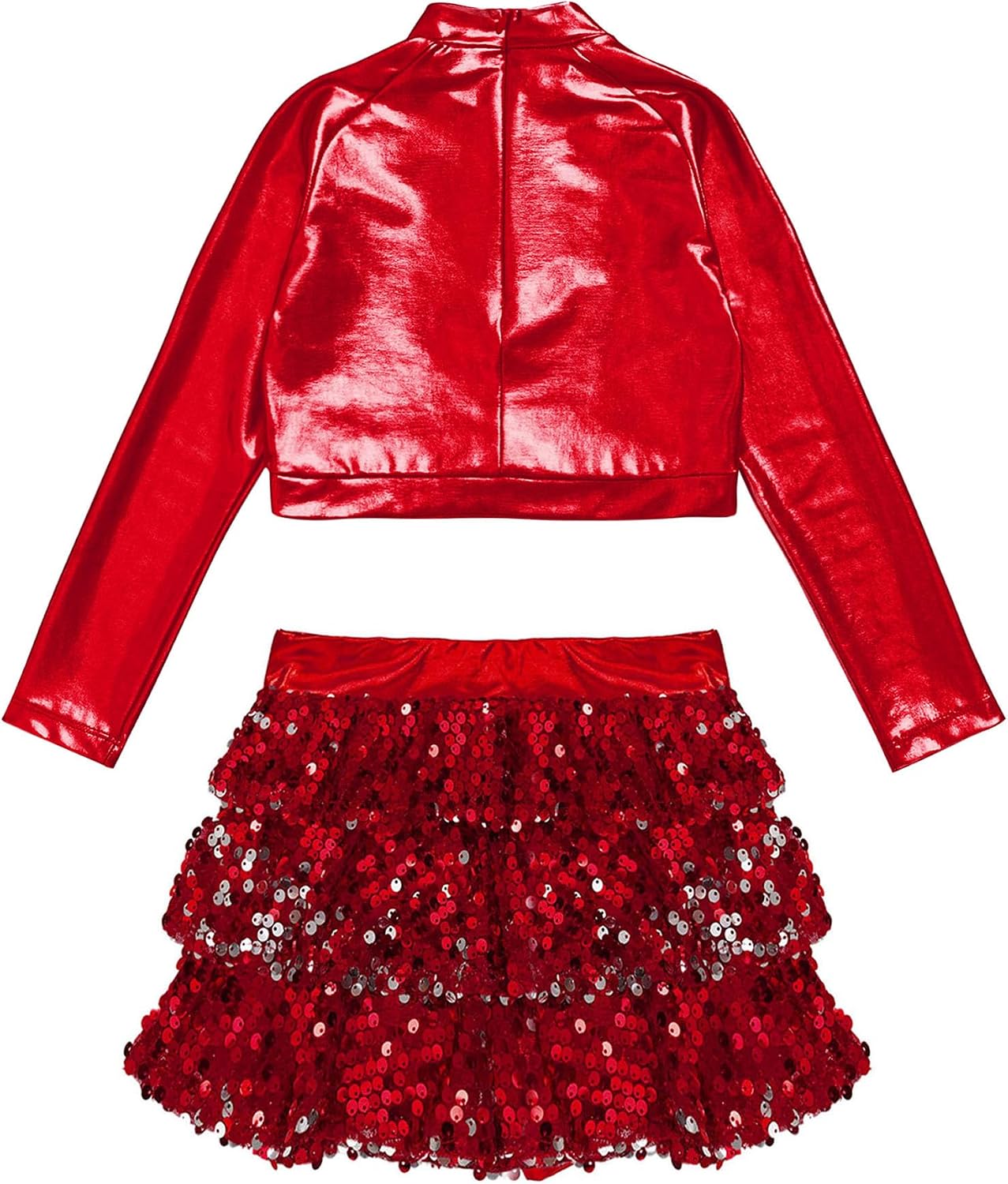 Kids Girls Sequins Jazz Hip Hop Dance Crop Top Long Sleeve Mock Neck Athletic Shirts with Ruffle Skirted Shorts