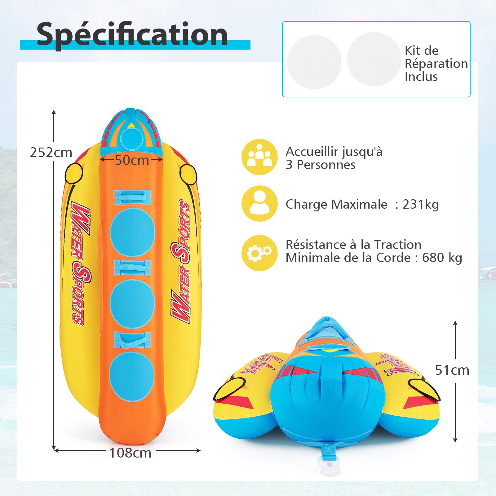 GOPLUS Bateau Banane Gonflable pour 1-3 Places, Flotteur Gonflable avec Housse Entièrement en Nylon, Capacité 231 Kg, Bouée de Loisirs Aquatiques Gonflables, Jeux d'eau Plage pour 14 Ans+