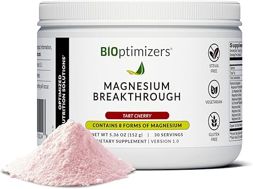 BIOptimizers Magnesium Breakthrough Drink Tarta Cherry - 8 formas de magnesio glicinato, malato, citrato y más - Suplemento natural para dormir -