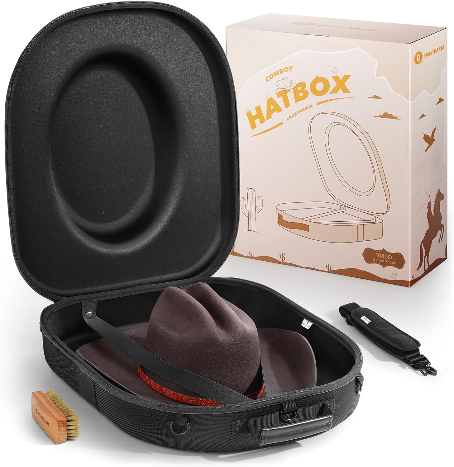 Cowboy Hat Box, Cowboy Hat Case for Travel, Crush Proof Storage for Western/Panama/Fedora, Carrier with Adjustable Shoulder Strap & Brush Black