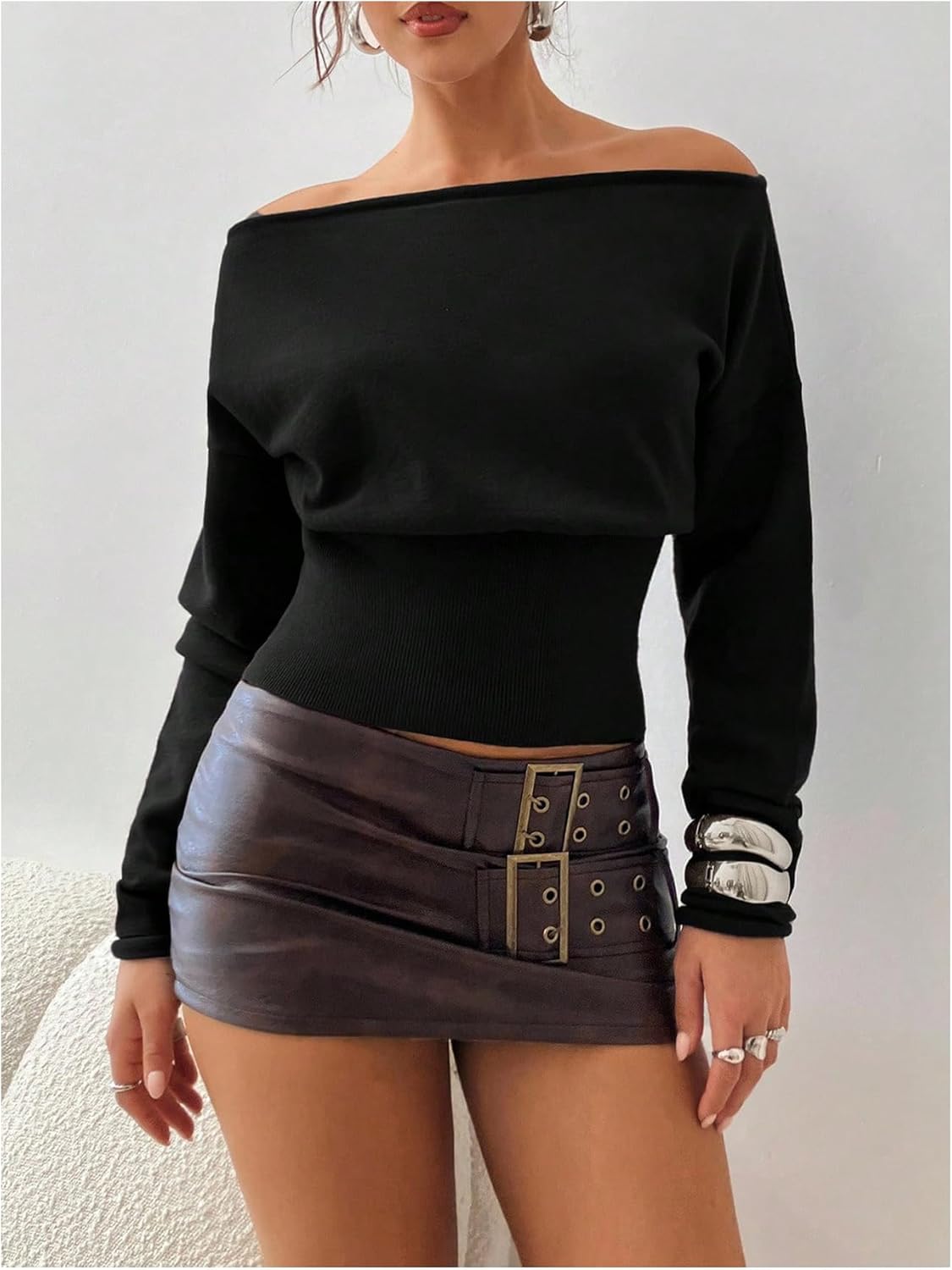 MakeMeChic Women's Cropped Sweater Off The Shoulder Sweater Tops Y2k Long Sleeve Knit Crop Tops