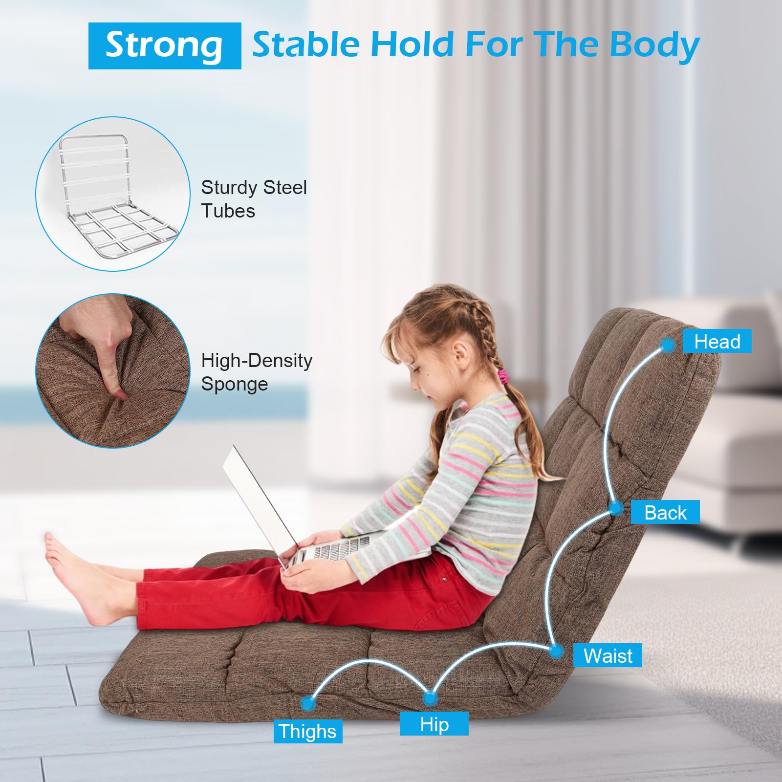 Silla plegable de suelo, sofá cama ajustable, silla acolchada portátil con soporte de respaldo para leer, descansar y jugar (marrón), NUM-TEL0977-1-UK-FBA-XBB