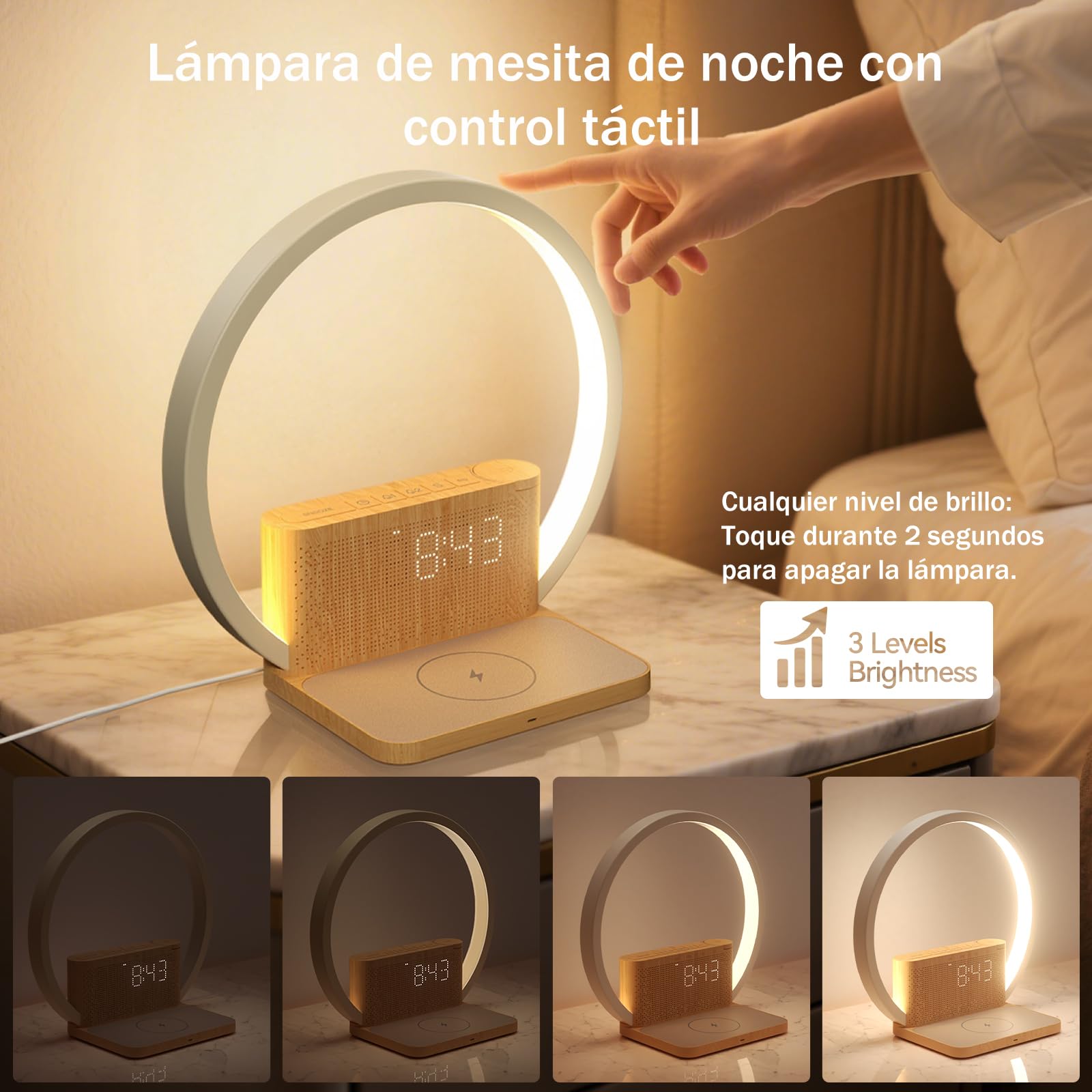 blonbar Lámpara de Mesita con Carga Inalámbrica y Despertador de Amanecer | Despertador con Luz,Regulador táctil 3 niveles de brillo,Sonidos Naturales,Snooze, apto para dormitorio y escritorio