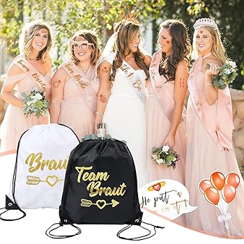 Turnbeutel Set Brautparty - 7x Bride Schwarz + 1x Team Braut Weiß 34x42cm