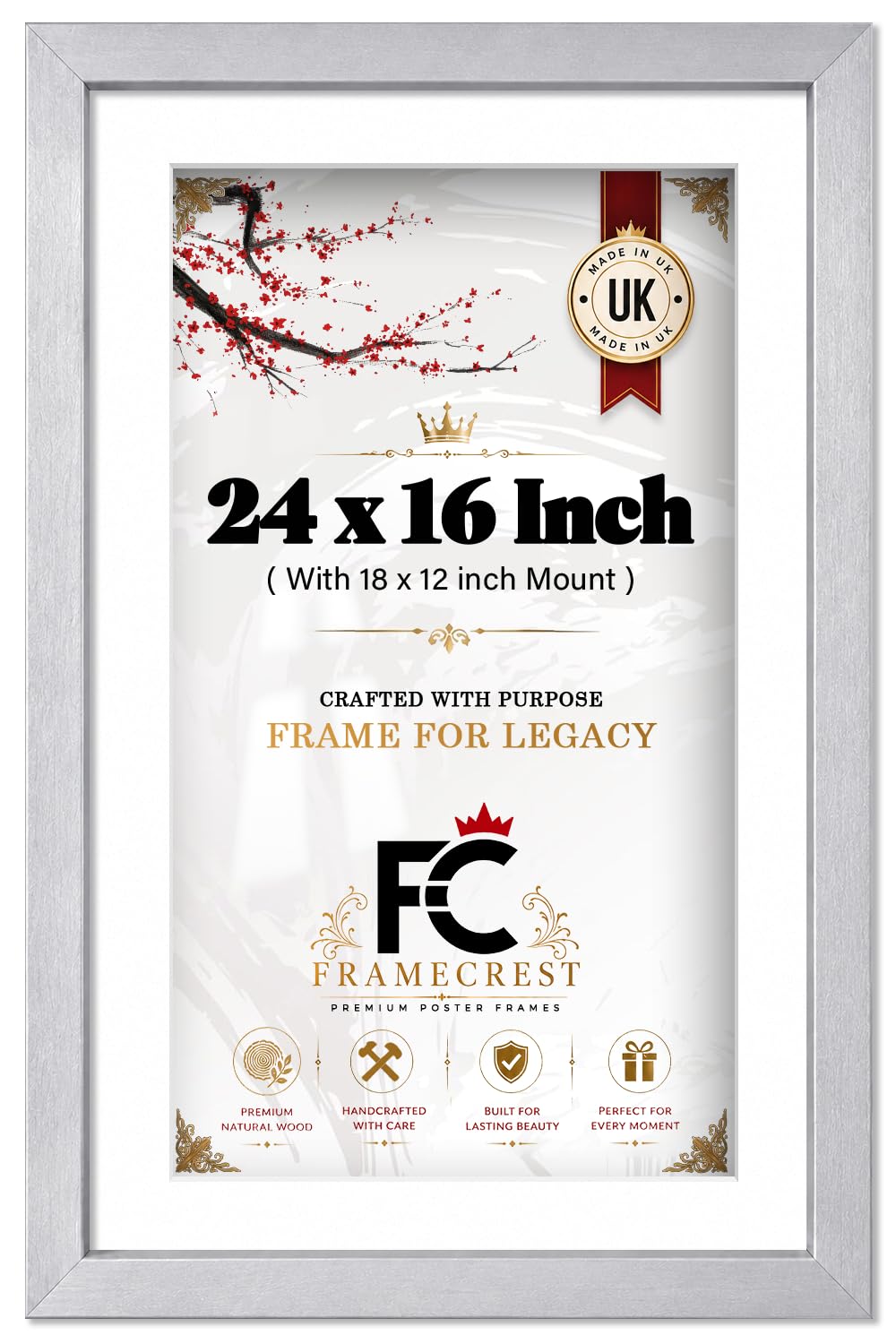 FRAMECREST LTD 24x16 Inch Poster Frame with 18x12 Inch Mount – Premium Silver Wall-Mounted Picture Frame with Shatterproof Plastic Front for Gallery-Style Home & Office Decor - [Silver] — image 1