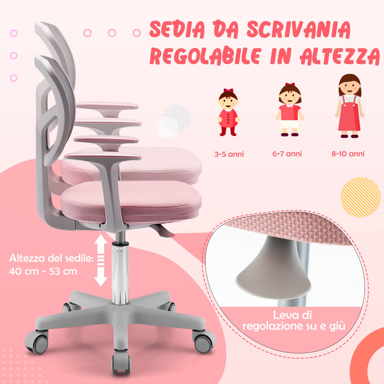 COSTWAY Sedia per Scrivania per Bambini, Sedia per Computer con Altezza Regolabile, Ruote, Sedile Girevole a Rete, Mobile Ergonomica per Bambini 3-10 Anni 3-10 Anni (Rosa)