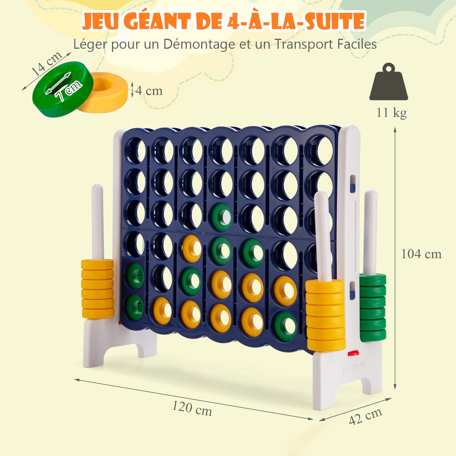 DREAMADE Jeu de Société Puissance 4 Géant pour Enfants 120 x 42 x 104CM avec 42 Anneaux, 4 Shots Géants avec Levier de Réinitialisation du Jeu, pour Réunions de Famille (Bleu Gris)