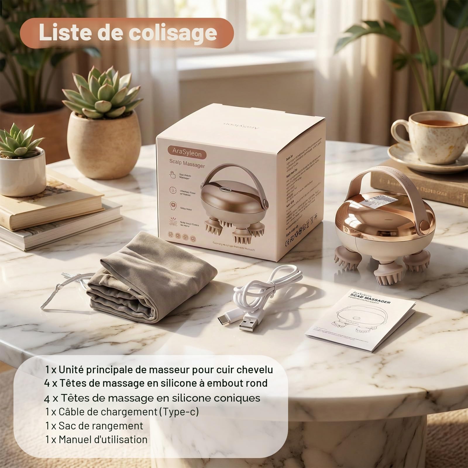 Masseur Électrique Intelligente Cuir Chevelu - Sans Fil, IPX7 Imperméable, 8 Têtes Silicone Interchangeables, Lumière Rouge, pour Soin du Cuir Chevelu et Relaxation Corporelle