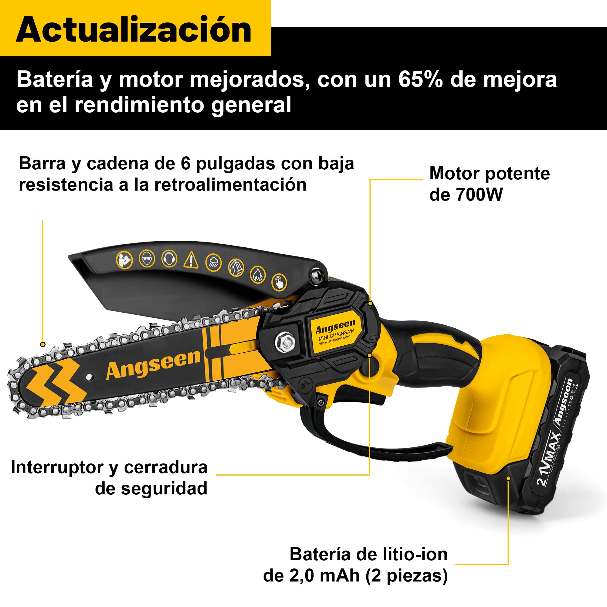 Mini Motosierra Bateria 6 Pulgadas Sin escobillas, Motosierra de Mano de 6 Pulgadas, 2 Baterías de 2Ah y Cargador, 2 Cadenas (amarillo 2000+2000mAh)