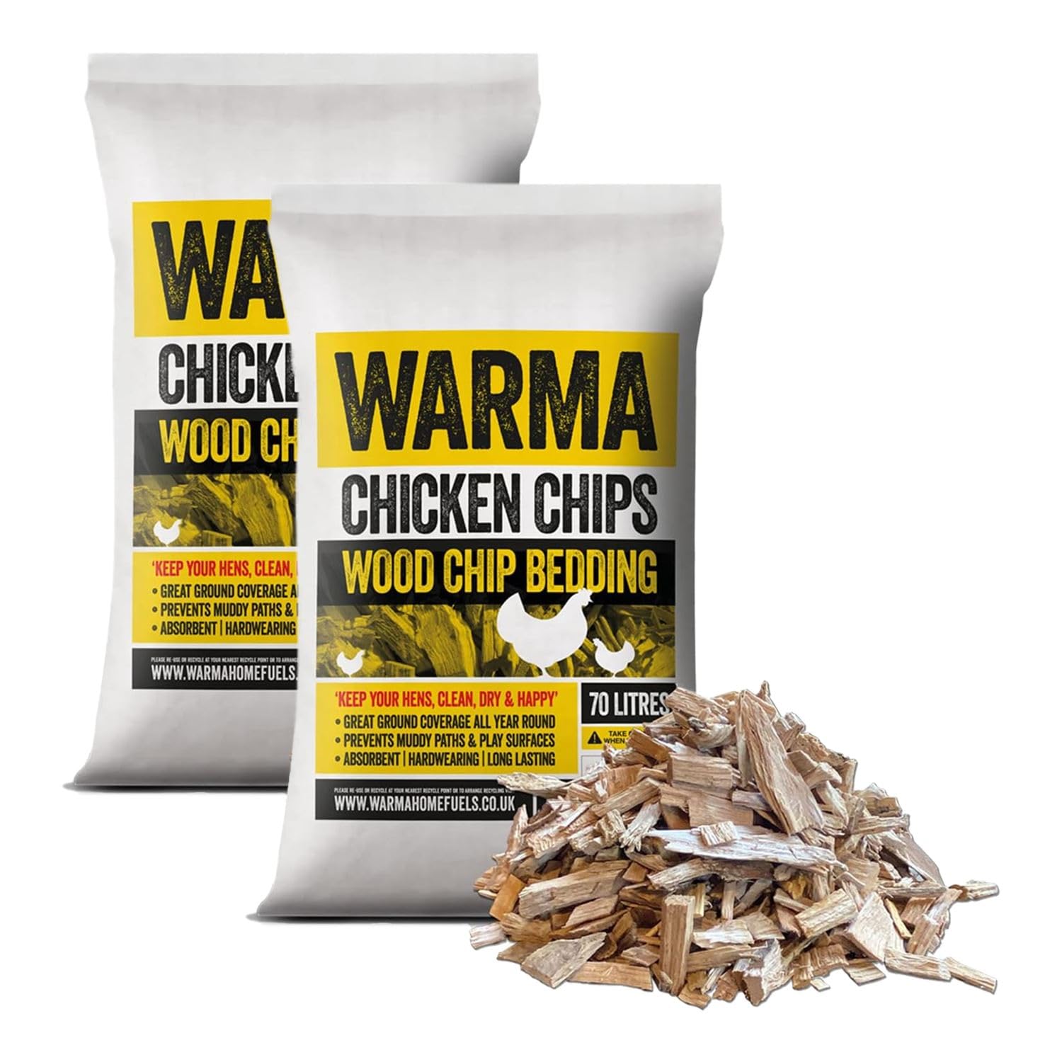 Warma Premium Chicken Wood Chips Hardwood Chippings - Poultry Bedding Coops Hens Run Animal Pens Garden Borders Path Walkways Ground Covering - 2 x 70Ltr Bags