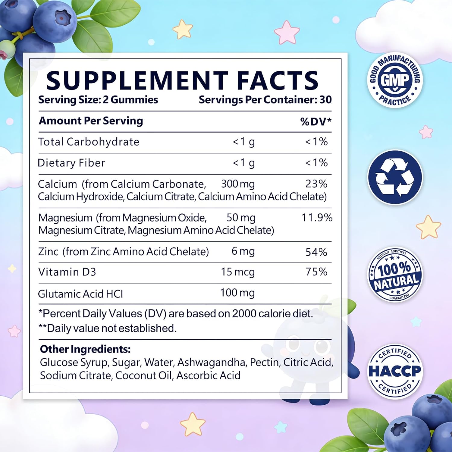 Growth Support Gummies for Teens and Kids, with Calcium, Magnesium, Zinc & Vitamin D3, Bone Strength Formula, Blueberry Flavor, Ages 5+, 60 PCS