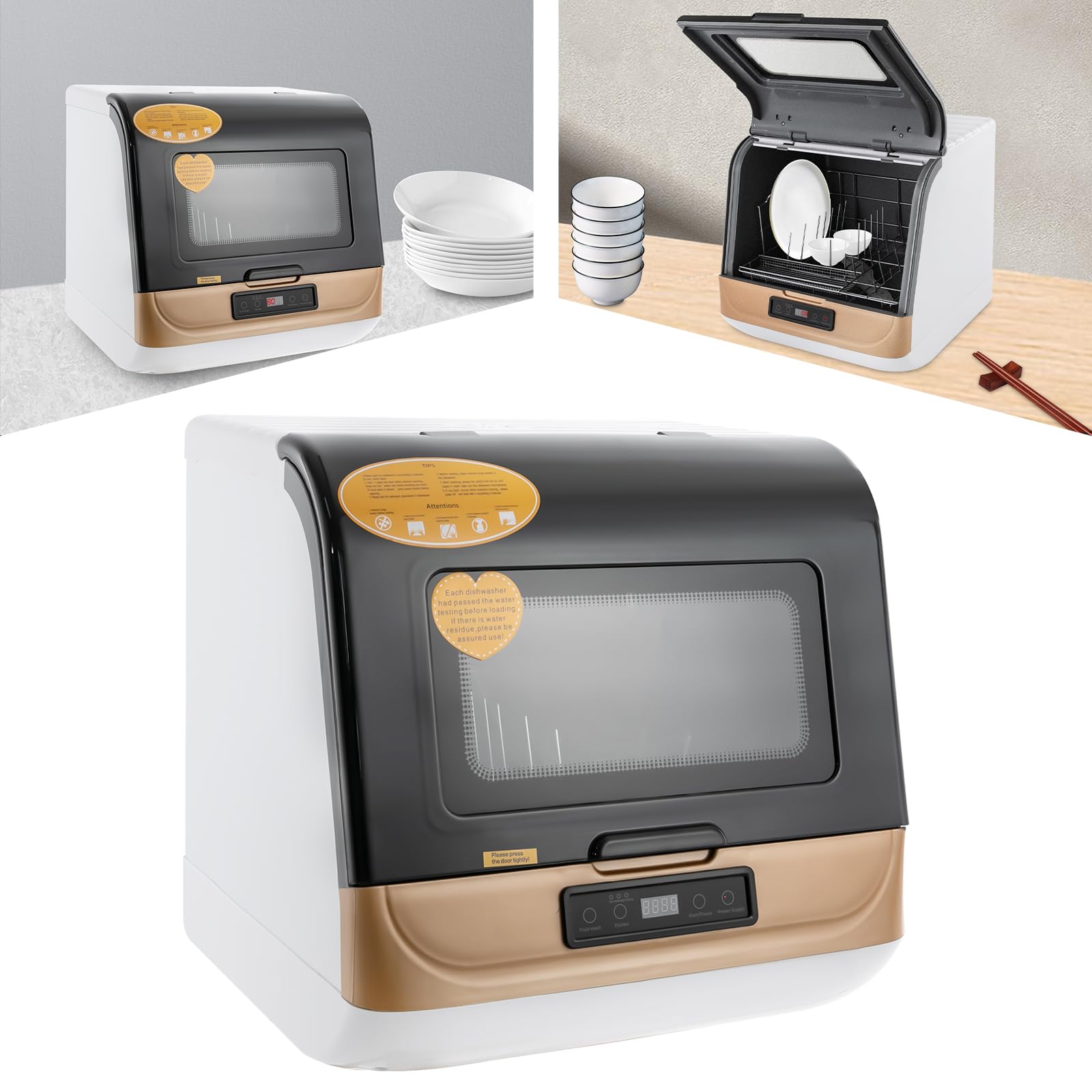 Mini lavastoviglie 800 W, lavastoviglie da tavolo con 5 programmi e ugello girevole a 360°, controllo touch, lavastoviglie da tavolo con 2 modalità di lavaggio e indicatore LED, perfetto per piccole