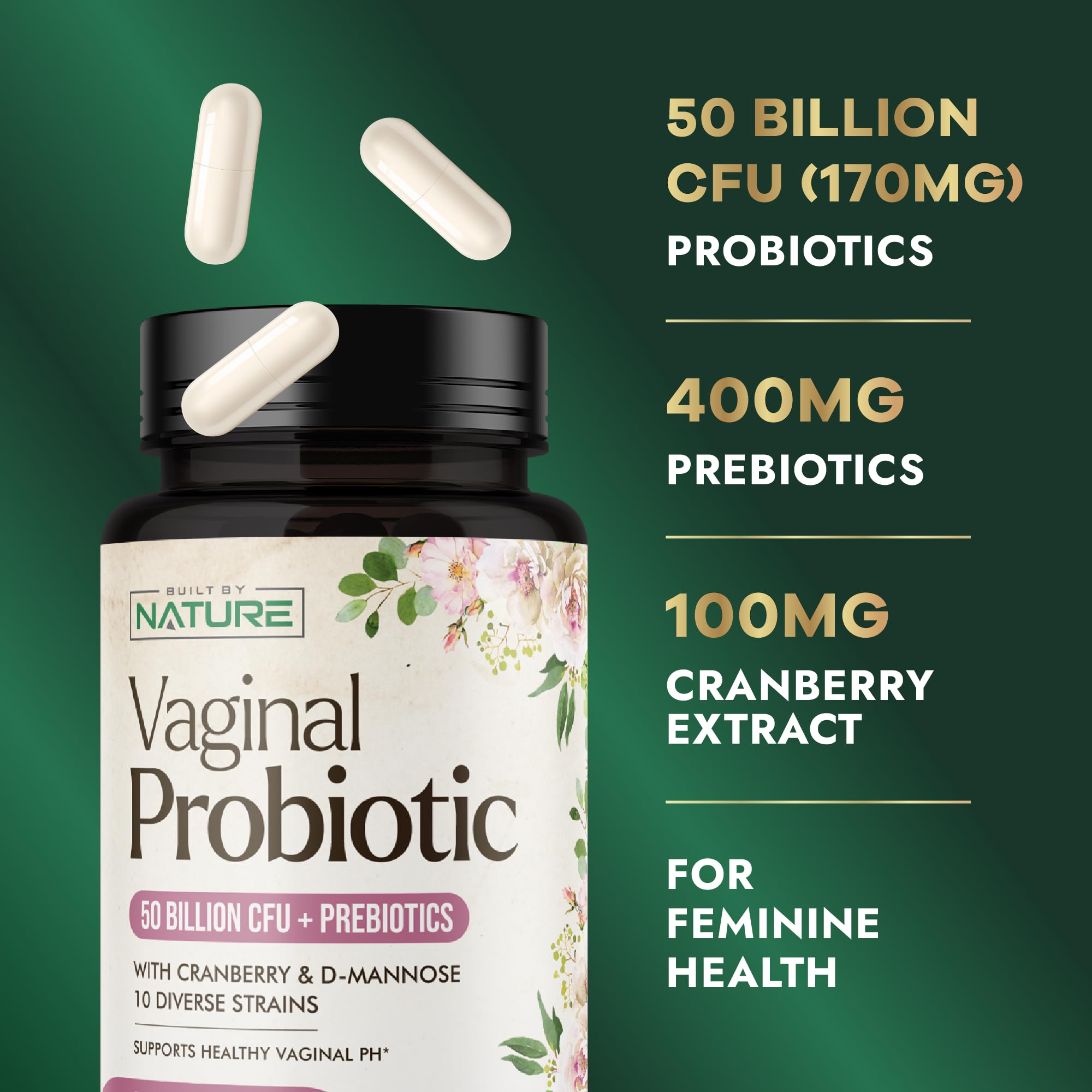 Built by Nature Vaginal Probiotics for Women – pH Balance & Feminine Health with Prebiotics, Lactobacillus & Cranberry Extract – 50 Billion CFU – Support UT, Vaginal Odor & Flora – 60 Capsules — Amazon image 3