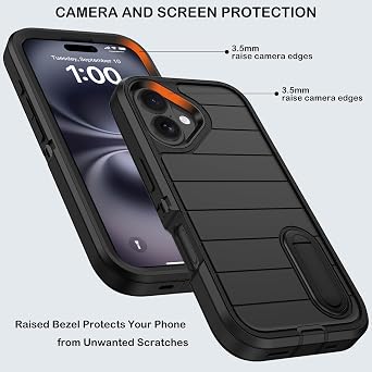 for iPhone 16 Plus Case with Screen Protector,Built-in Invisible Kickstand,Heavy Duty Shockproof Drop Protection Military Grade Tri-Layer Rugged Durable Cell Phone Cover for Apple 16 Plus 6.7 (Black
