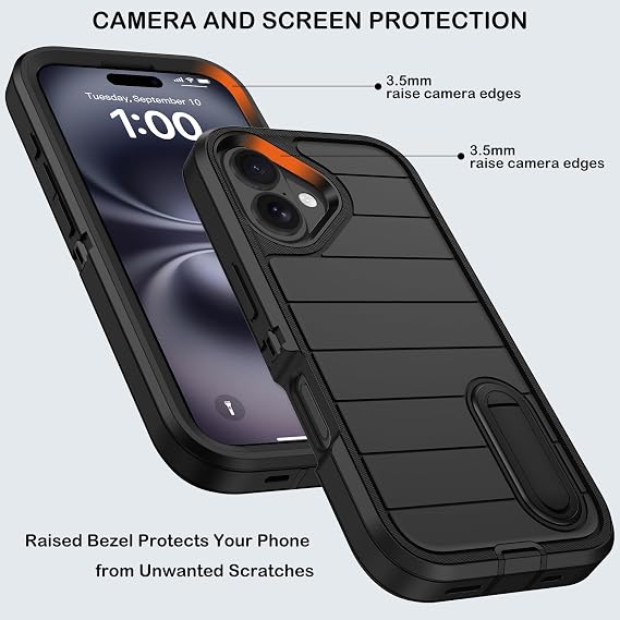 for iPhone 16 Plus Case with Screen Protector,Built-in Invisible Kickstand,Heavy Duty Shockproof Drop Protection Military Grade Tri-Layer Rugged Durable Cell Phone Cover for Apple 16 Plus 6.7 (Black