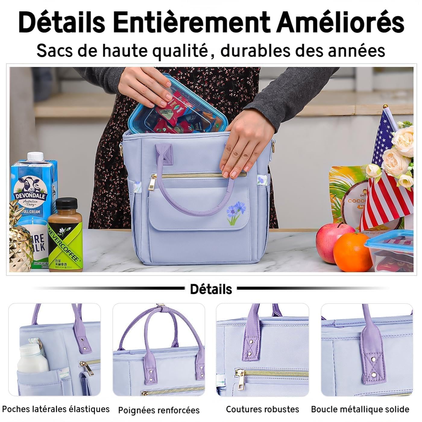 Hihealer Sac Repas Isotherme Femme avec Motif Floral Unique - Grand Sac Étanche à Plusieurs Poches avec Bandoulière Amovible pour Travail/Pique-Nique/Cadeau Femme
