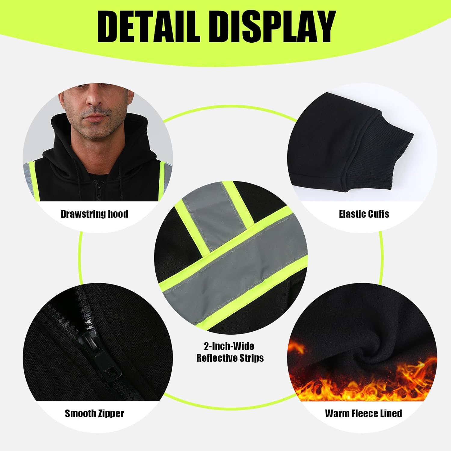 HYCOPROT High Visibility Safety Hoodie Hi Vis Safety Sweatshirts Fleece Reflective Work Jacket for Men Women ANSI Class 3 - Image 4