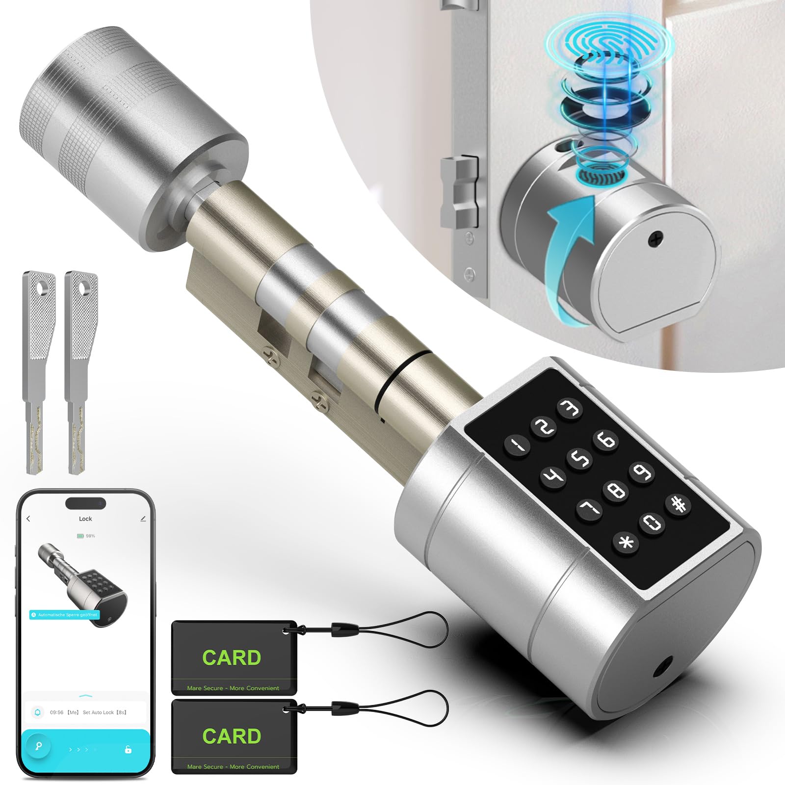 Anweller Serrure de porte électronique avec empreinte digitale - Code Smart Lock - Cylindre de serrure 70 mm avec 2 clés, 2 cartes IC, pour portes de 35 à 70 mm
