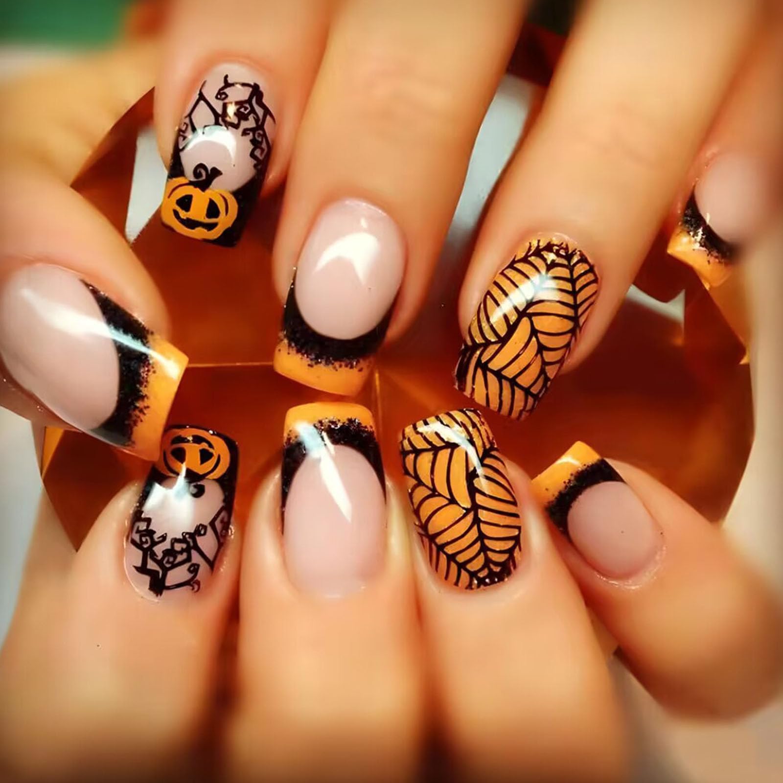 Halloween Press on Nails Medium Square Black Yellow Contrast French Tip Fake Nails with Pumpkin Spider Web Glue on Nails Press ons Glossy False Nails for Women 24 Pcs