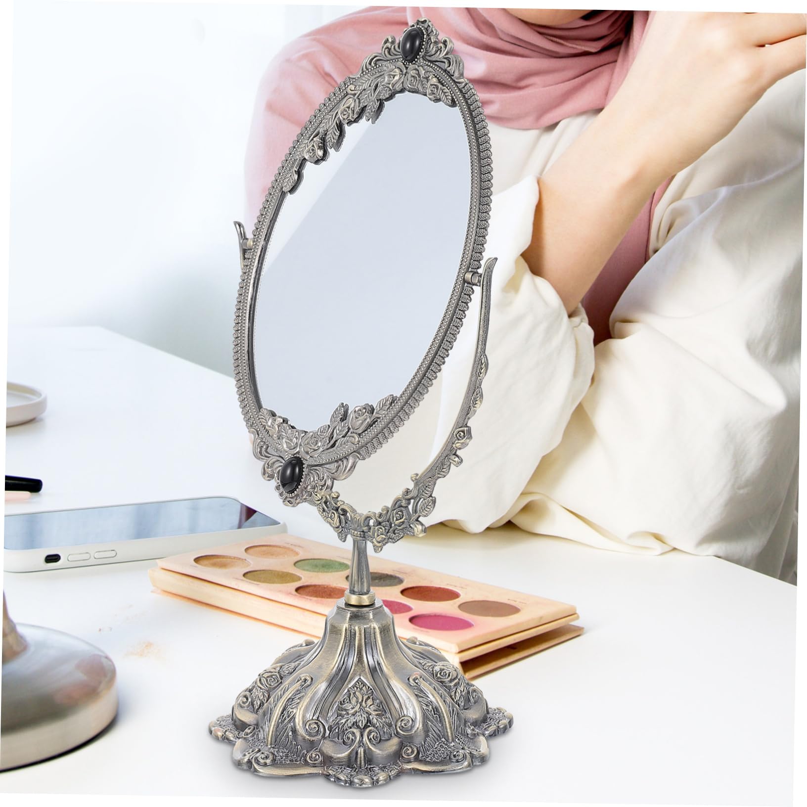 MAGICLULU Doppelseitiger Schminkspiegel aus Zinklegierung im Vintage Stil | Europäisch Gestaltet, Drehbar mit Flachem Sockel, für Make Up und Hochzeit