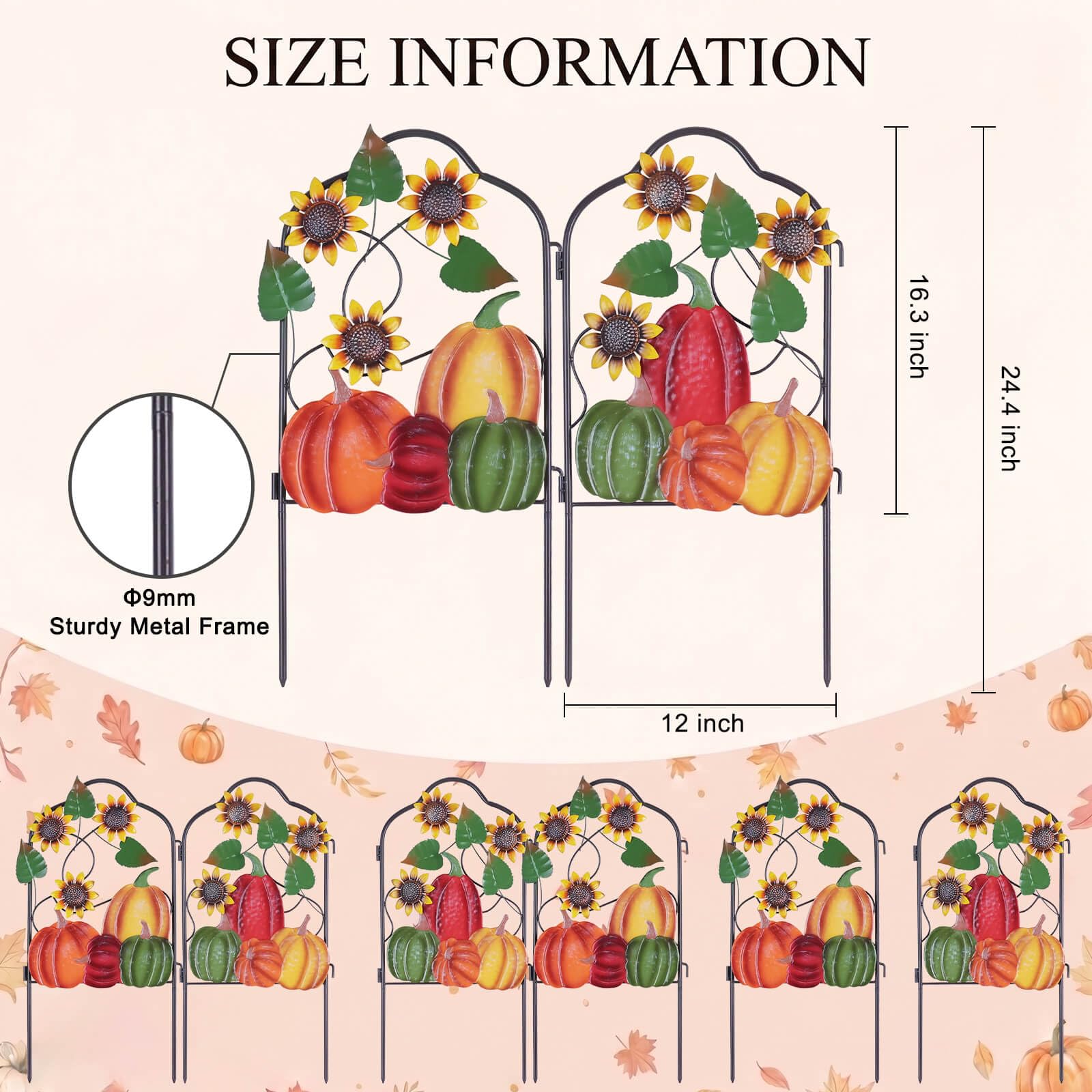 hogardeck Herbstdekorationen für Zuhause und draußen, Set mit 2 Metallzaun, dekorative Gartenpfähle mit Kürbis-Sonnenblume für Herbstdekoration, Metall-Hofschilder für Garten, Rasen, Terrasse