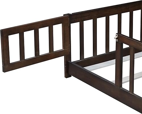 Miniatura 64 de Harper & Bright Designs Cama de suelo tamaño Queen con valla y puerta, marco de cama Montessori de madera para niños, niñas, listones incluidos, no