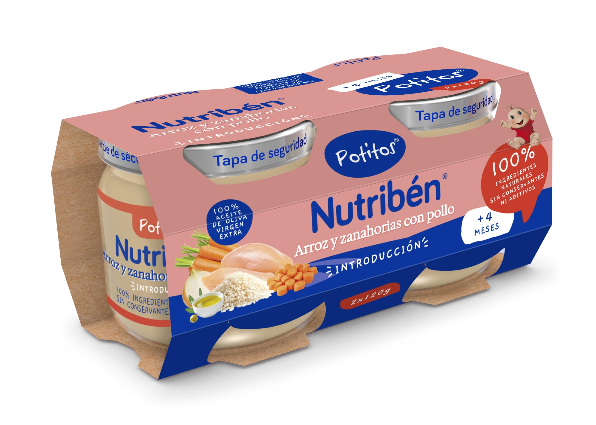Nutribén Potitos | Tarrito Introducción de Pollo con Arroz y Zanahorias | Para Bebés a partir de 4 Meses | Sin Almidones | Sin Azúcares Añadidos | Sin Gluten | 3 Packs de 2 Unidades de 120g | 720g