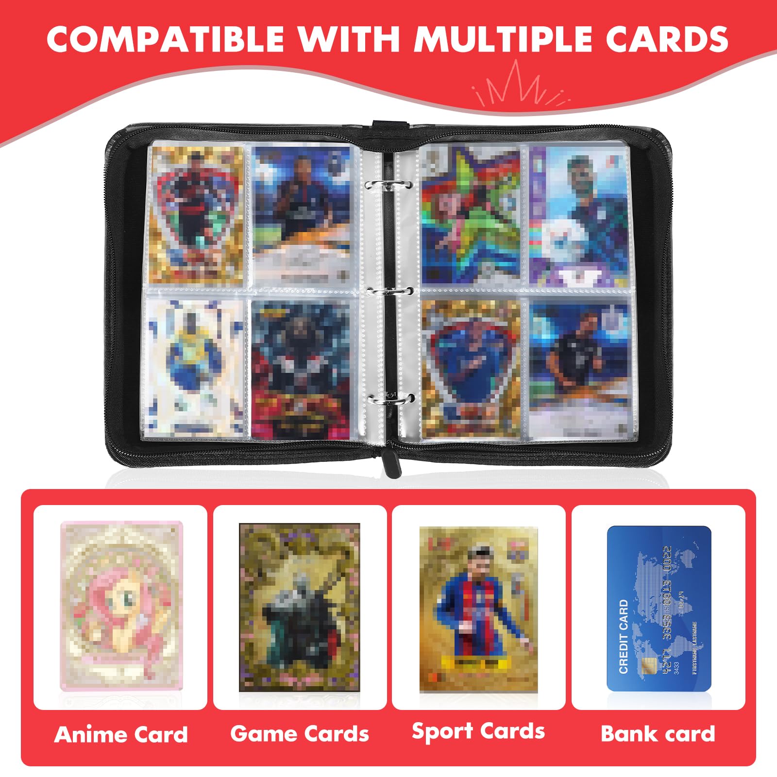 Card Binder with 4 Pockets, 50 Removable Sleeves for 400 Cards, Zippered Storage Album for Trading Cards Sports - Image 4