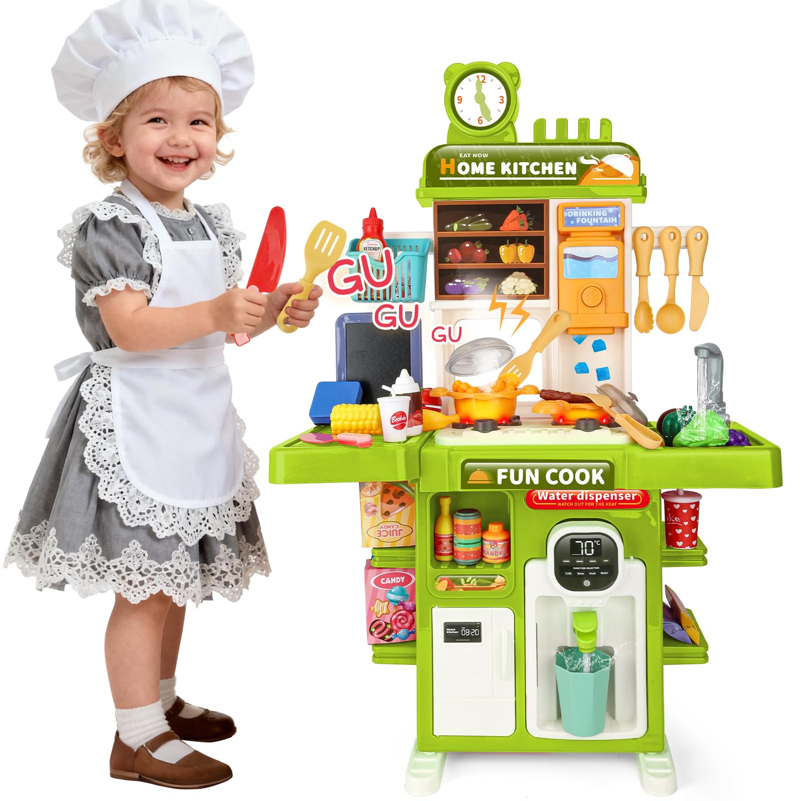 Cocina Juguete Niños Set de Cocina en Miniatura con Fregadero de Spray y Iluminación Realista, Juego de Cocina Simulada para Niñas y Niños de 3 4 5 Años, Regalo (Verde)