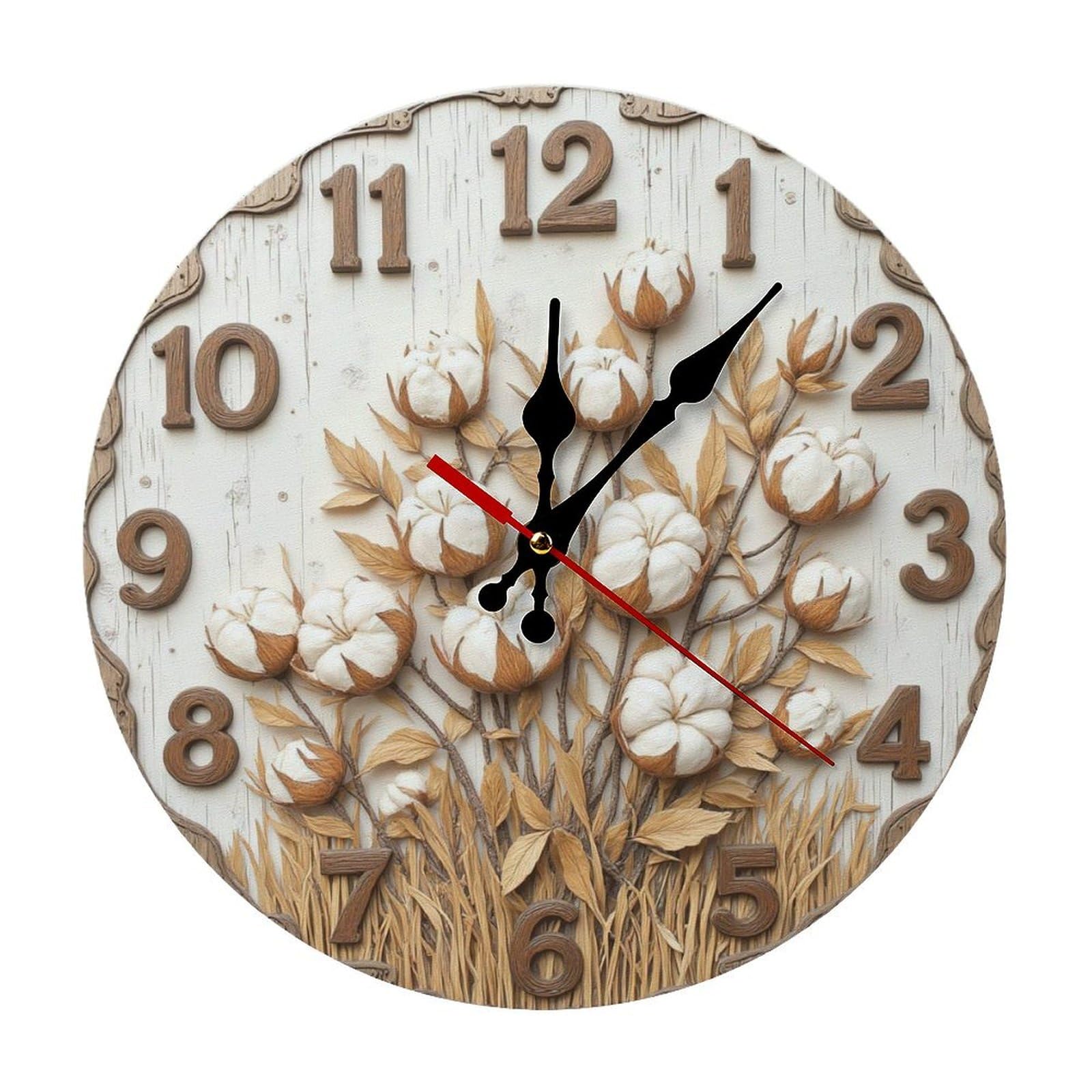 Horloge Murale Ronde Fleur de Coton Rustique Pendule Murale Facile à Lire Cuisine Bureau