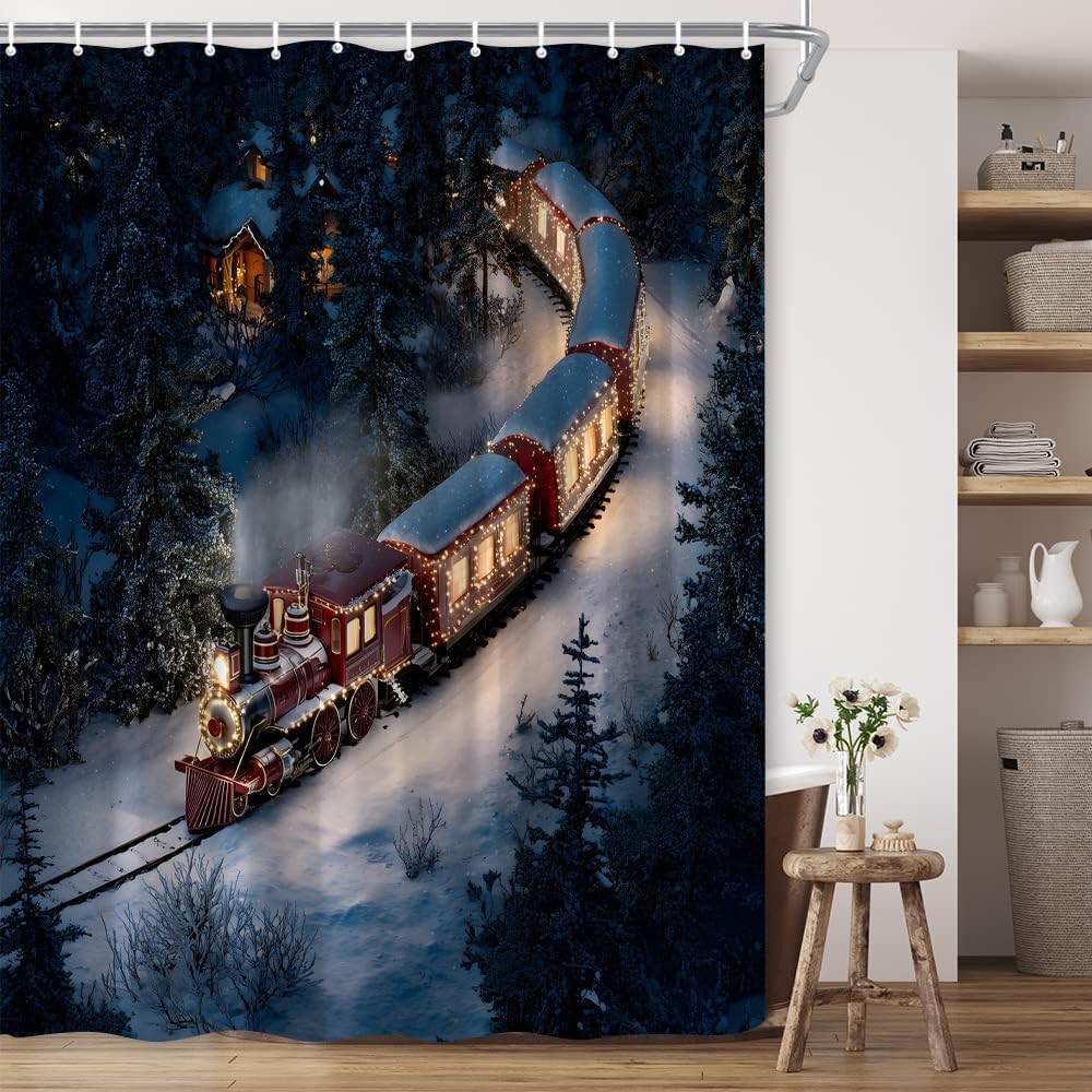 Winter Snow Shower Curtain Train Travels Through Pine Forest at Night Christmas Tree Snowflake Farmhous Cabin Polyester Fabric Bathroom Decor 70×78 Inch with Hook