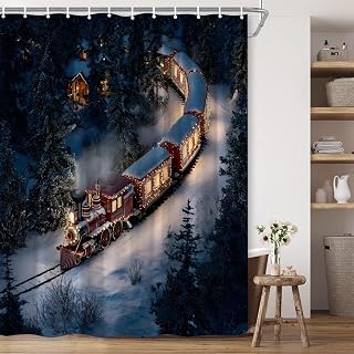 Winter Snow Shower Curtain Train Travels Through Pine Forest at Night Christmas Tree Snowflake Farmhous Cabin Polyester Fabric Bathroom Decor 70×70 Inch with Hook