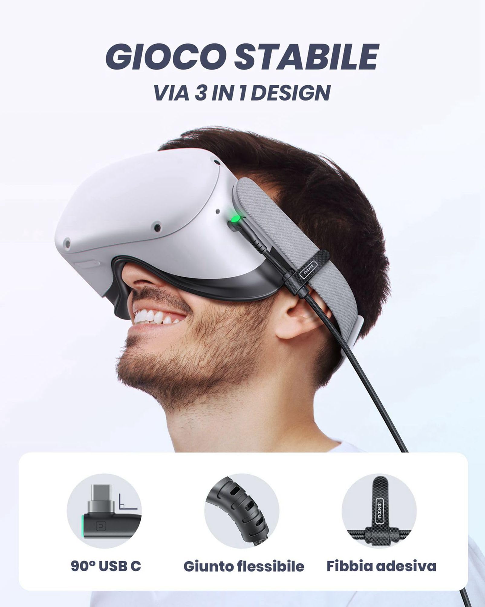 INIU Cavo Link 5m, Compatibile con Meta/Oculus Quest 3/2/Pro e Pico 4 Steam VR/PC di gioco, Trasferimento Dati ad Alta Velocità, USB A 3.0 a USB C Lnk Cable per VR Headset, Porta USBC separata