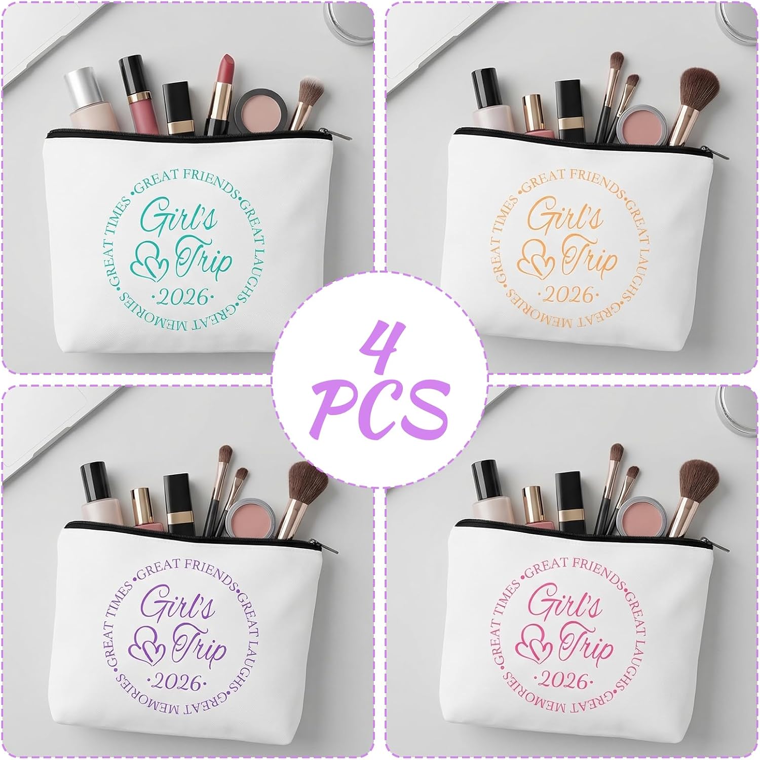 4 Pcs Girls Trip Gifts Favors for Women Sister 2026 Cosmetic Bag Multicolor Reusable Zipper Pouch Makeup Bags for Beach Travel Friendship Weekend Gifts for Birthday Bachelorette Party Favors