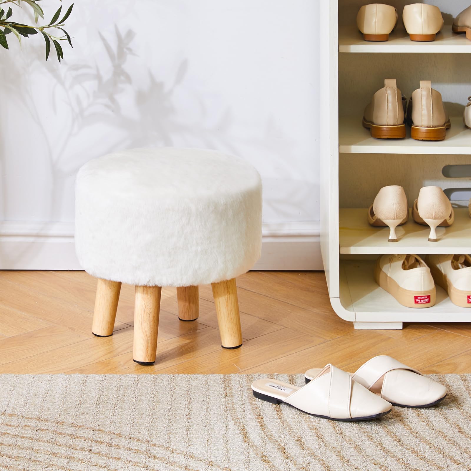 YMYNY Tabouret Pouf Ottoman Moderne en Bois Massif, Rond et Bas, Repose-Pieds pour Salon et Chambre, 32×32×32CM, Blanc HBD035W