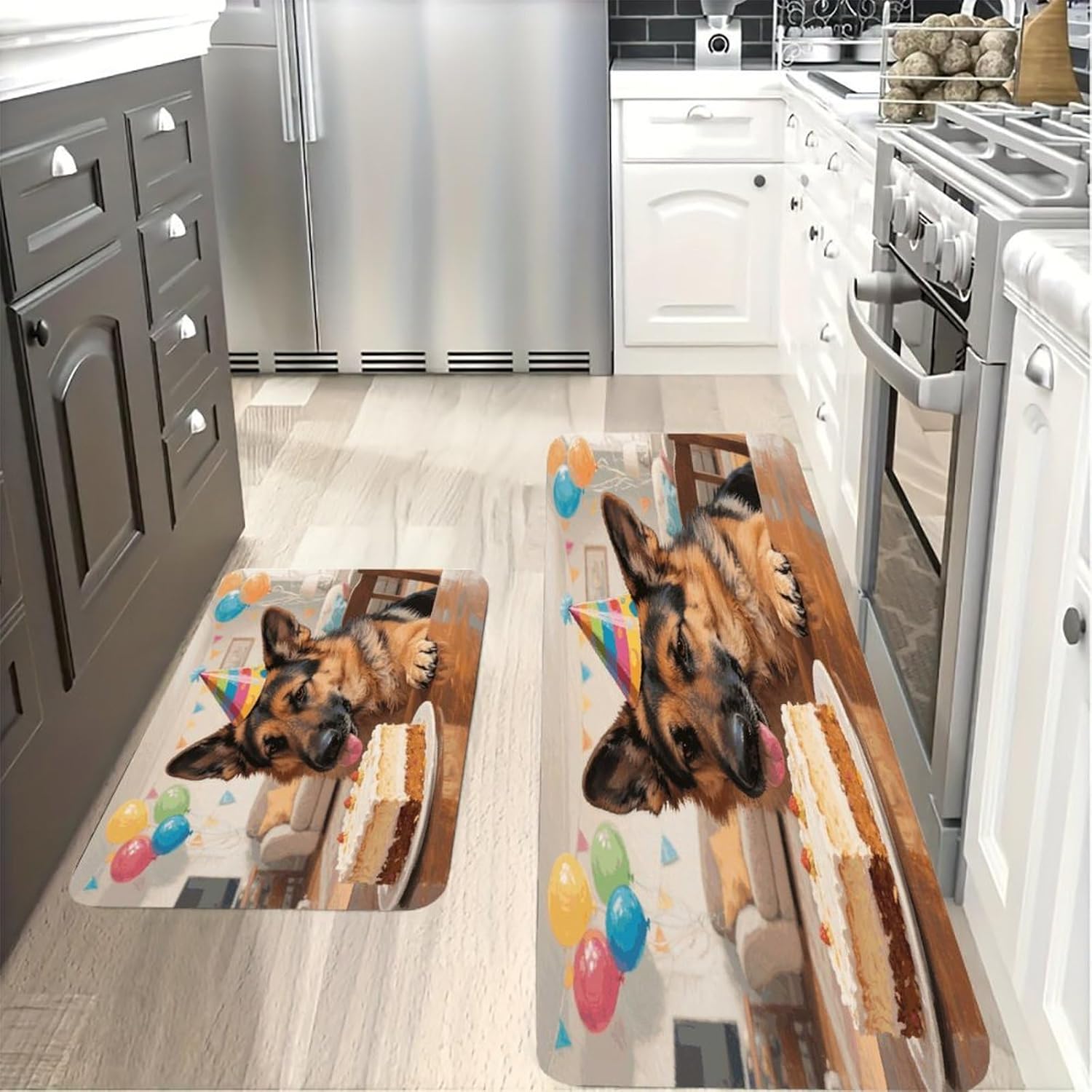 Funny German Shepherd Kitchen Mat Set of 2 Ergonomic Comfort Velvet Rugs Cushioned Anti-Fatigue Non-Slip Standing Mats Thick Kitchen Floor Mat Carpet Runner Rugs 16"×24"+17"×47"