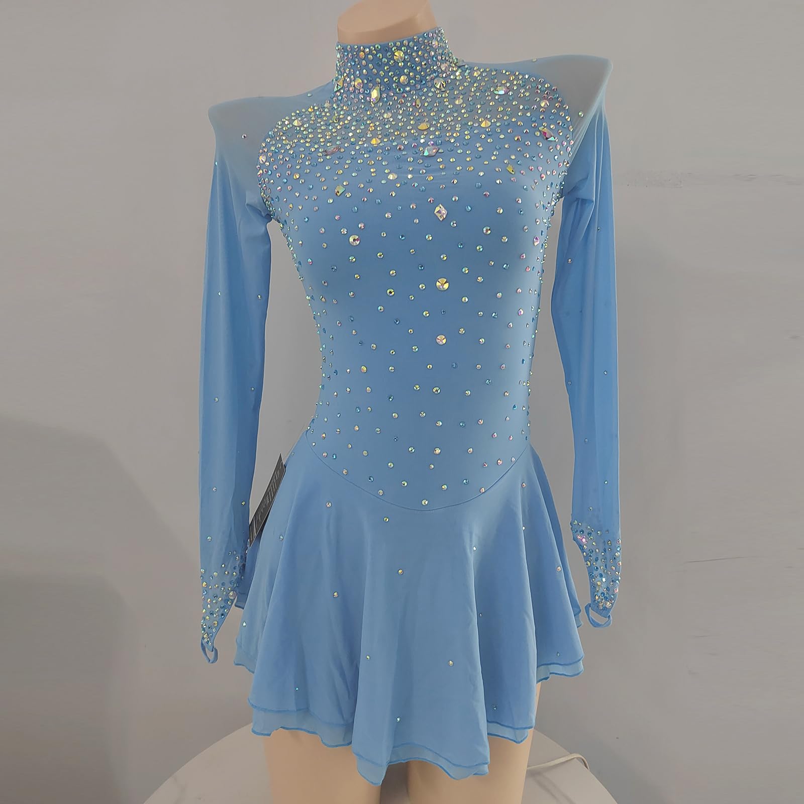LIUHUO Falda de patinaje artístico azul claro Rendimiento de la competencia de la manga del dedo del diamante brillante