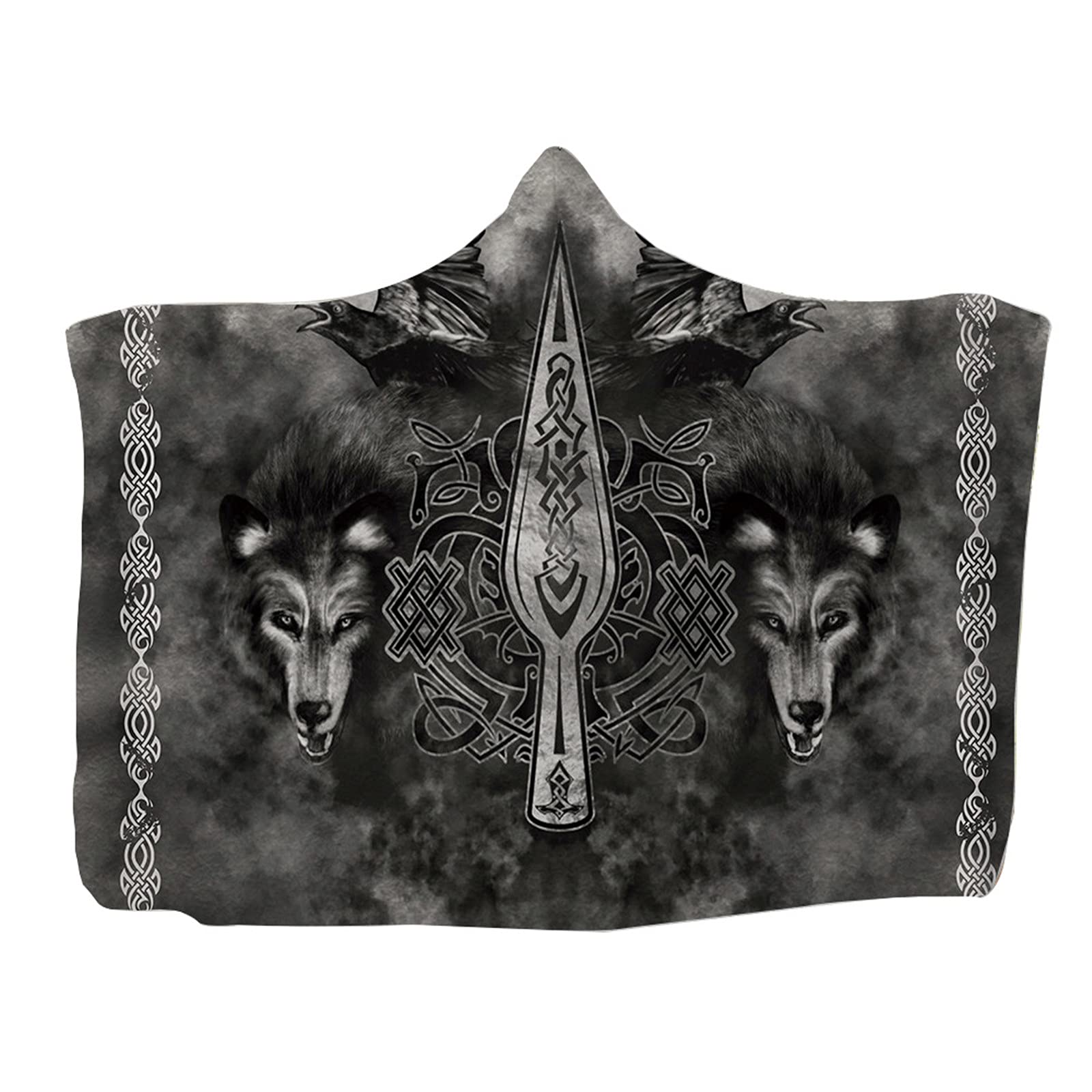 kewing Hooded Throw Blanket Wearable Viking Tattoo Print Flannel Cape Cloak Blanket for Sofa Napping Blankets Childs Adults